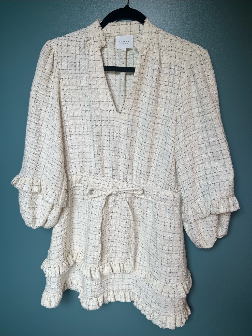 We Are Sundays - Cream Textured Ruffle Waist-Tie Mini Dress